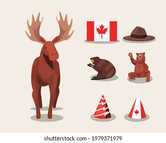 Canadian reindeer with happy canada day icons