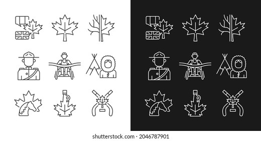 Canadian representation linear icons set for dark and light mode. Official country symbols. National heritage. Customizable thin line symbols. Isolated vector outline illustrations. Editable stroke