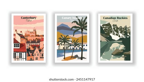 Canadian Rockies, Canada, Canary Islands, Spain, Canterbury, England - Vintage travel poster. Vector illustration. High quality prints