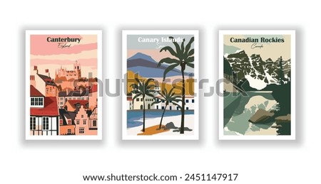 Canadian Rockies, Canada, Canary Islands, Spain, Canterbury, England - Vintage travel poster. Vector illustration. High quality prints