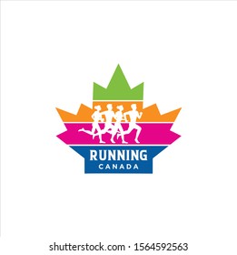 Canadian Running Logo Design vector illustration. maple leaf running logo . Canadian Sport Logo . Canada Running Logo .