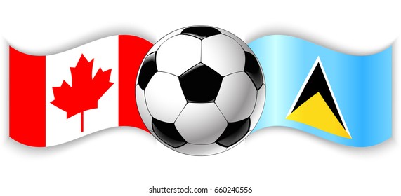 Canadian and Saint Lucian wavy flags with football ball. Canada combined with Saint Lucia isolated on white. Football match or international sport competition concept.