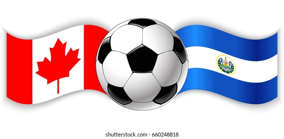 Canadian and Salvadoran wavy flags with football ball. Canada combined with El Salvador isolated on white. Football match or international sport competition concept.