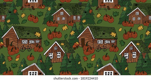 Canadian and scandinavian orange brown wooden houses with grass on the roof white windows and christmas trees vector handwritten seamless repeat pattern with pumpkins, web and spiders on Halloween