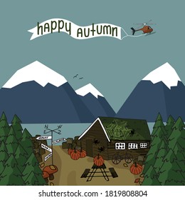 Canadian and scandinavian red brown wooden houses with grass on the roof and yellow trees, mountains, helocopter vector handwritten square postcard