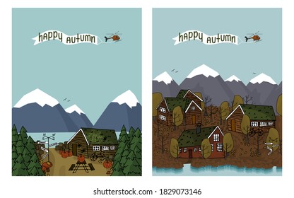 Canadian and scandinavian red brown wooden houses with grass on the roof and yellow trees, mountains, helocopter vector handwritten set of two postcards with Happy autumn text