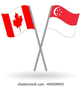Canadian and Singapore crossed flags. Canada combined with Singapore isolated on white. Language learning, international business or travel concept.