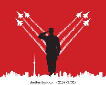 A Canadian soldier is saluting and fighter jets are flying with honor. Poster design for Canada, Proud Canadian soldiers, Landmarks of Canada.
