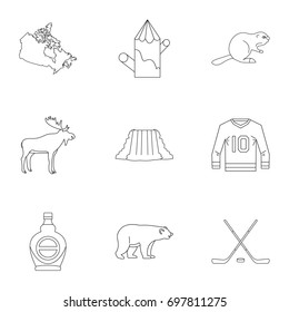 Canadian symbols icon set. Outline style set of 9 canadian symbol vector icons for web isolated on white background