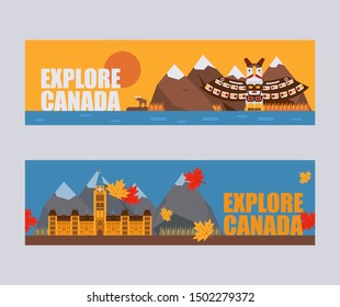 Canadian symbols and landmarks, vector illustration. Flat style banners, headers for Canada travel agency website. Natural architectural and cultural attractions of Canada, popular tourist destination