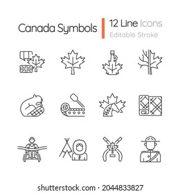Canadian symbols linear icons set. Official canadian emblem. North american beaver. Ice hockey. Customizable thin line contour symbols. Isolated vector outline illustrations. Editable stroke