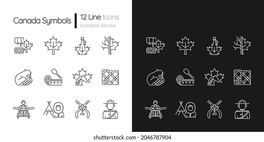 Canadian symbols linear icons set for dark and light mode. Official canadian emblem. North american beaver. Customizable thin line symbols. Isolated vector outline illustrations. Editable stroke