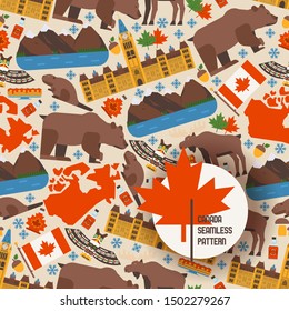 Canadian symbols and main landmarks, vector illustration. Seamless pattern with flat style icons of Canada. Natural, architectural and cultural attractions of Canada, popular tourist destination