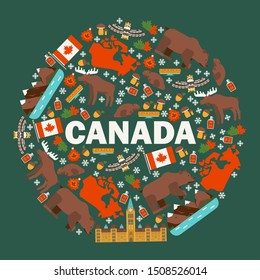 Canadian symbols and main landmarks, vector illustration. Flat style icons of Canada in round frame composition. Natural, architectural and cultural attractions of Canada, popular tourist destination