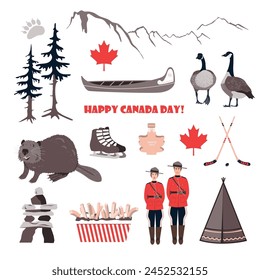 Canadian symbols such as beaver, goose, canoe, teepee, hockey, royal police, maple leaves and mountains. Happy National Day of Canada. Vector background