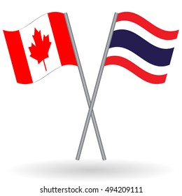 Canadian and Thai crossed flags. Canada combined with Thailand isolated on white. Language learning, international business or travel concept.