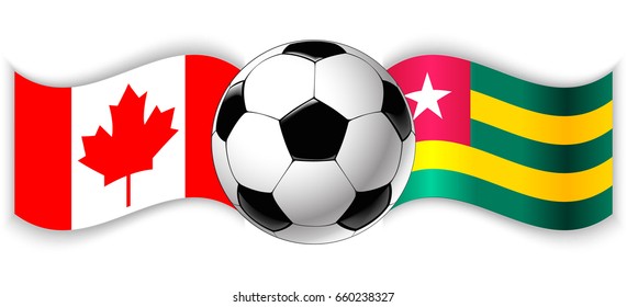 Canadian and Togolese wavy flags with football ball. Canada combined with Togo isolated on white. Football match or international sport competition concept.