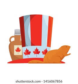 canadian tophat with maple syrup bottle and otter