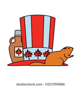 canadian tophat with maple syrup bottle and otter