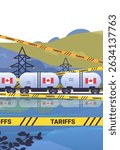 Canadian trade tariffs concept with trains transporting goods through a landscape with power lines and reflective water. Yellow tariff banners