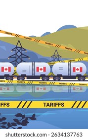 Canadian trade tariffs concept with trains transporting goods through a landscape with power lines and reflective water. Yellow tariff banners