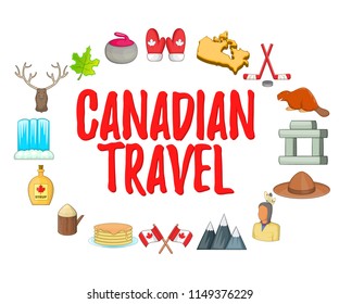 Canadian Travel concept icons set. Cartoon set of 9 canadian travel vector icons for web isolated on white background