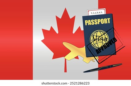 Canadian Travel Documentation Concept with blue Passport and Canada Flag. Approved Stamp. Airplane and Travel Tickets. Ideal for Immigration Tourism and Traveling Themes. Vector EPS available