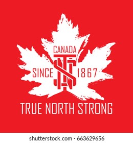 A Canadian typographic design integrated into a grungy vector maple leaf.
