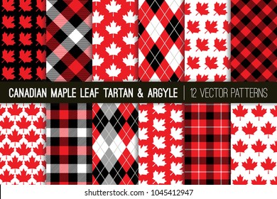 Canadian Vector Patterns in Maple Leaf, Tartan Plaid and Argyle. Canada Day July 1st Party Celebration Backgrounds. Red, Black & White. Northern Lumberjack Plaid Prints. Pattern Tile Swatches Included