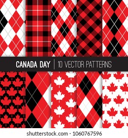 Canadian Vector Patterns in Maple Leaf, Tartan Plaid and Argyle. Canada Day July 1st Party Celebration Backgrounds. Red, Black, White. Northern Lumberjack Plaid Prints. Pattern Tile Swatches Included