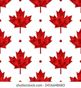 Canadian vector seamless pattern. Red low poly maple leaves and dots on white background.