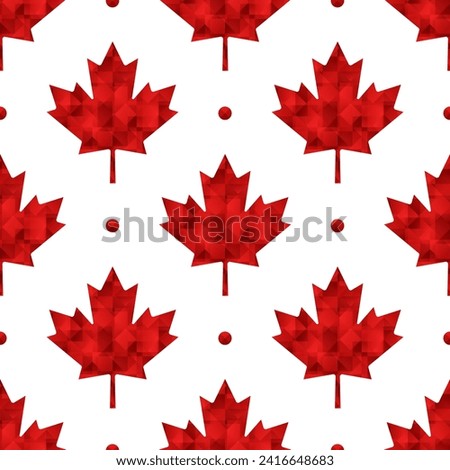 Canadian vector seamless pattern. Red low poly maple leaves and dots on white background.