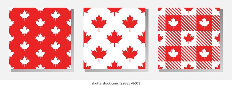 Colección de patrones sin fisuras del vector canadiense. Hojas y rayas de arce rojas sobre fondo blanco. Mejor para textiles, papel pintado, decoración, papel de envoltura, paquete y diseño web.