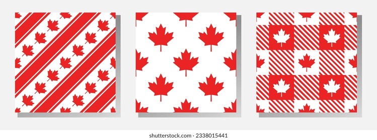 Canadian vector seamless patterns collection. Red maple leaves on white background. Best for textile, wallpapers, decoration, wrapping paper, package and web design.