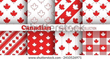 Canadian vector seamless patterns collection. Red maple leaves and stripes on white background. Best for textile, wallpapers, wrapping paper, package and festive decoration.