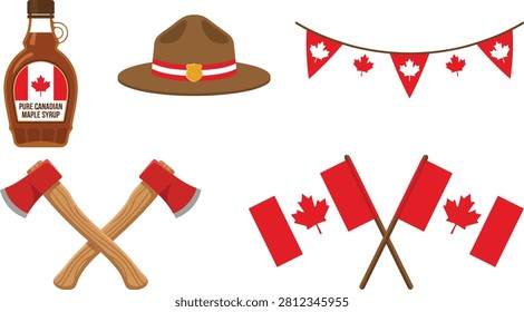 Canadian Victoria Day flat vector icon set featuring maple syrup Mountie hat bunting axes and national flags