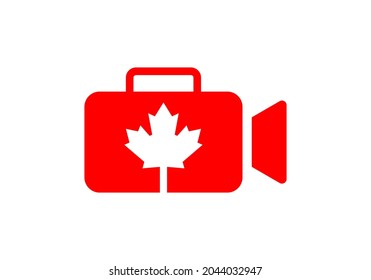 Canadian Videography Logo Design. Videography Logo With Canadian Read Maple Leaf Template. Video camera icon design