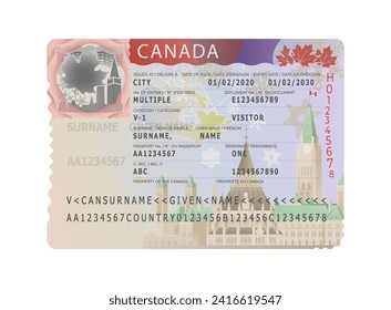 Canadian visa sticker template isolated on a white background, vector illustration. Travel visa document. Canada