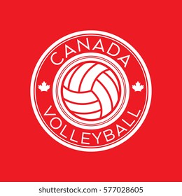 A Canadian volleyball crest in vector format. This round shield features maple leaves, text that says Canada, and a volleyball.