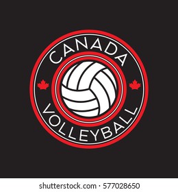 A Canadian volleyball crest in vector format. This round shield features maple leaves, text that says Canada, and a volleyball.