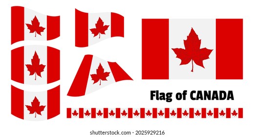 Canadian waving flag collection on white background. National symbol Canada - red maple leaf. Set patriotic emblem. Vector illustration