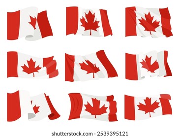 Canadian waving flags set. National symbols with standard color and size of North America country. Vector icons isolated on white background