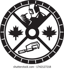 Círculo de hojas de arce de calibre canadiense retro negro y blanco