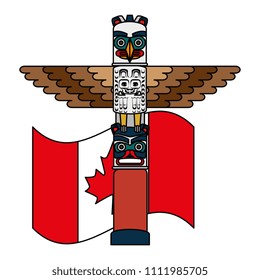 canadian wooden totem with flag