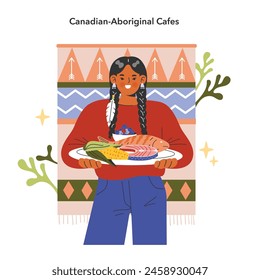 Canadian-Aboriginal culinary tradition. A smiling woman presents traditional indigenous cuisine. Indigenous patterns and vibrant colors. Vector illustration.