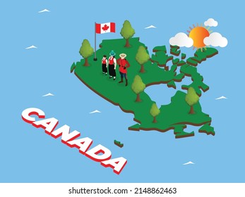 Canadians Family In National Dress Standing On Canada Map With Topographic Details Isometric 3d