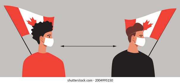 Canadians with the flag of Canada, lockdown in Canada. Flat vector stock illustration. Social distance of Canadians. People in face masks. Pandemic in the country. Vector graphics