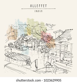 Canal in Alleppey (Alappuzha). Kerala, India. Water, boats and trees. Passenger boat jetty in town. River cruise pier. Public transportation. Tropical landscape sketch. Vintage travel postcard. Vector