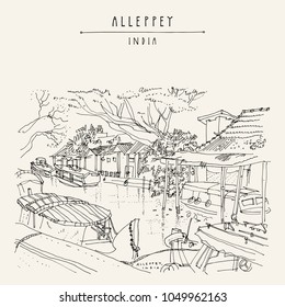 Canal in Alleppey (Alappuzha). Kerala, India. Water, boats and trees. Passenger boat jetty in town. River cruise pier. Public transportation. Tropical landscape sketch. Vintage travel postcard. Vector