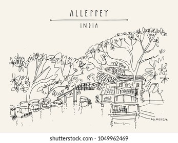 Canal in Alleppey (Alappuzha). Kerala, South India. Water, boats and trees. Retro travel drawing. Tropical landscape sketch. Vintage touristic postcard. Vector illustration